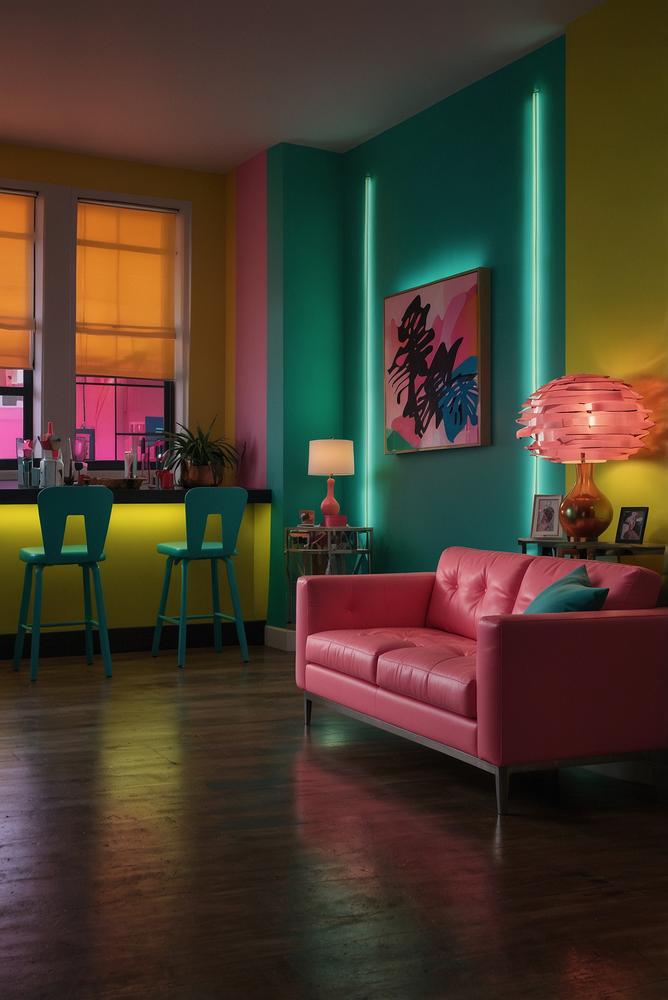 Helle 80er-Party mit neonfarbigen Leuchtstoffbändern und Postern