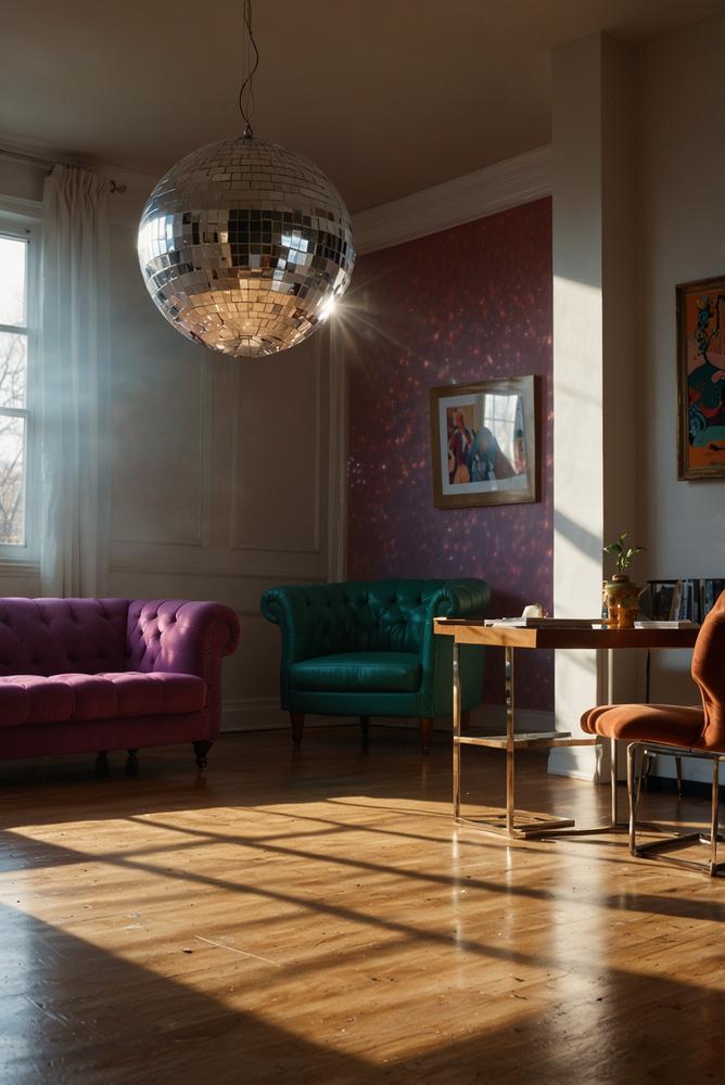 Helles Wohnzimmer mit 80er Jahre Discokugel und Lichtspiel