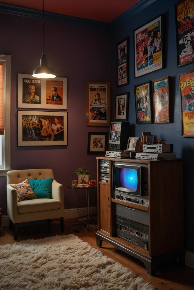 Wohnzimmerwand mit bunten 80er Filmplakaten