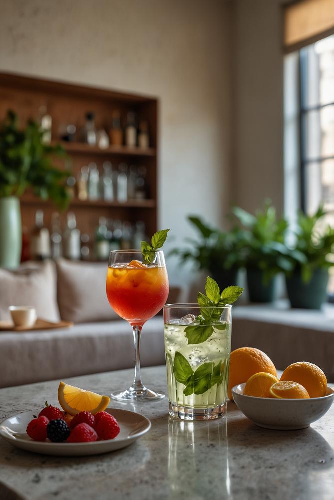 Heller Raum mit alkoholfreien Mocktails auf dem Tisch