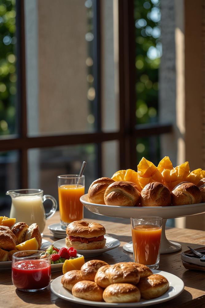Hell und einladend gestaltetes Balkon-Frühstück mit Buffet