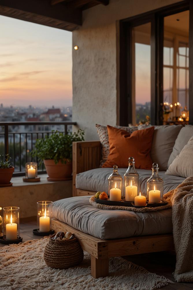 Balkon mit Picknick und Wein bei Sonnenuntergang hell und einladend
