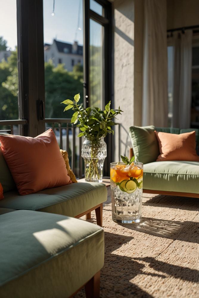 Heller Balkon mit sommerlichen Cocktails und Dekoration