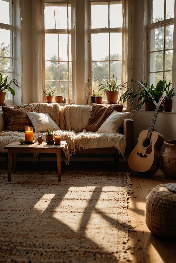 Helles Boho Wohnzimmer mit akustischer Musikatmosphaere