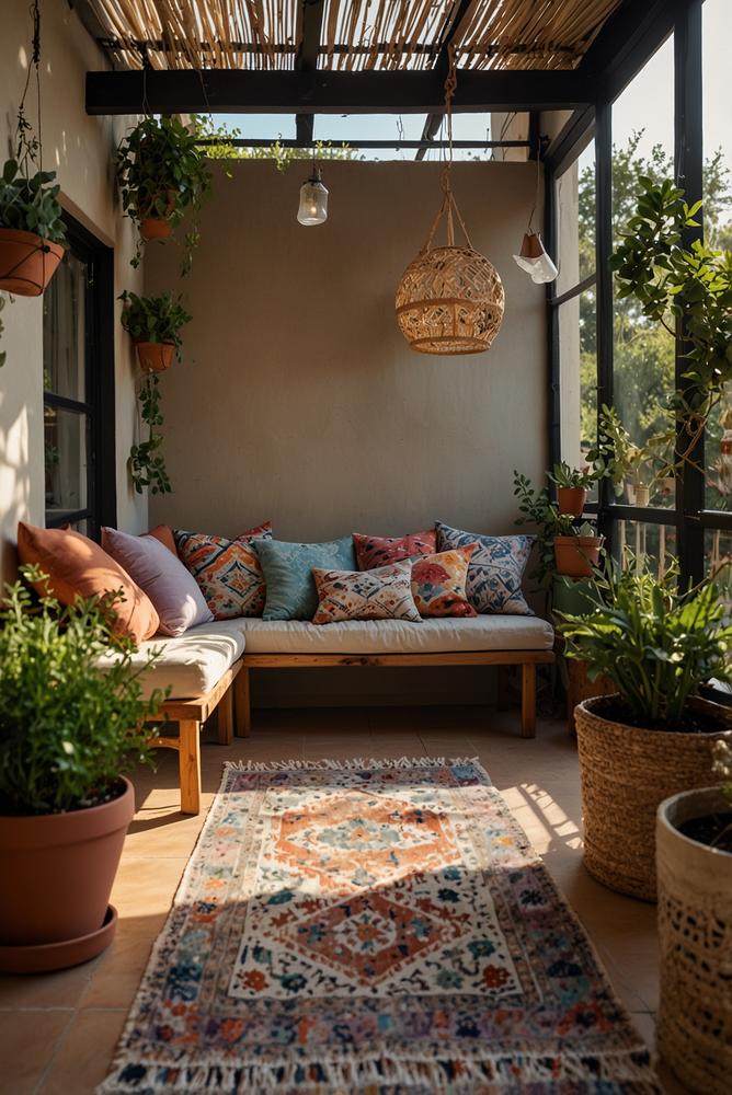 heller boho balkon mit rattanmoebeln und pflanzen