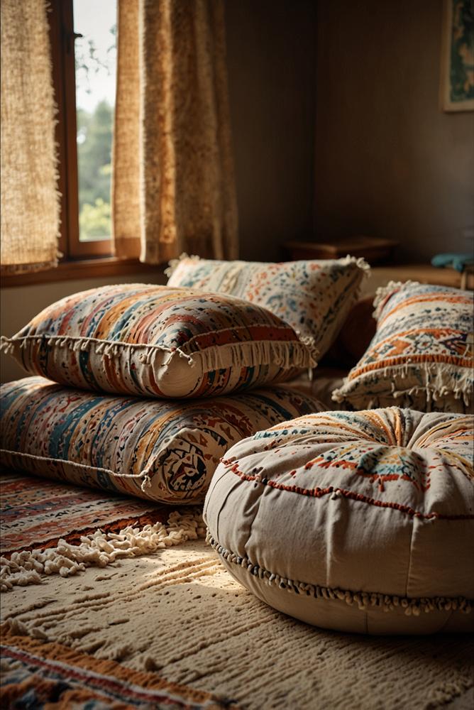 Gemütliche Bodenkissen in sanften Boho-Farben im Wohnzimmer
