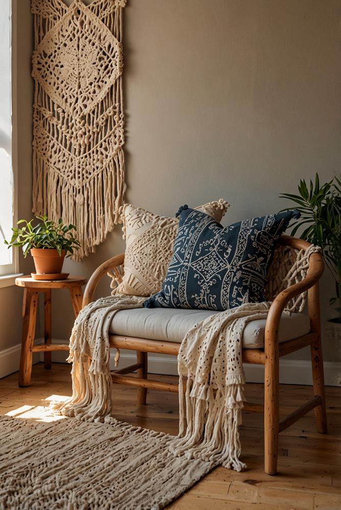 Helles Boho-Wohnzimmer mit DIY-Quasten und Makramee