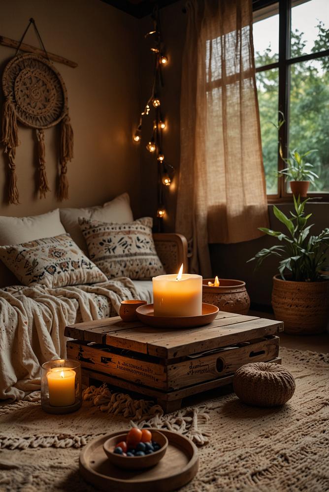 Boho Filmabend mit Teppichen und warmem Licht