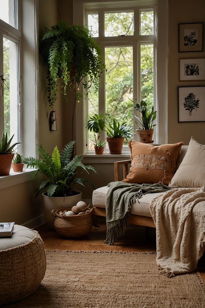 Helle Boho-Leseecke mit Kissen und Pflanzen
