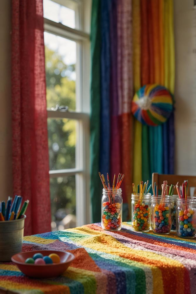 Helle Bastelstation zum Thema Regenbogenparty am Küchentisch