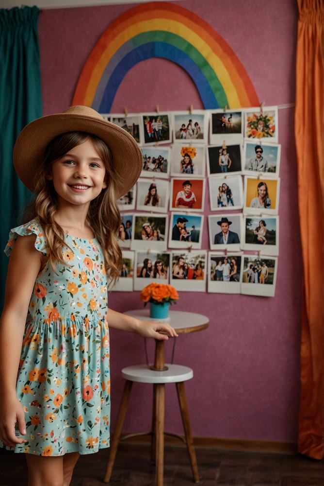 Bunte DIY-Fotowand mit Polaroids und Accessoires