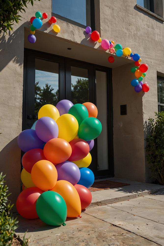 Bunte Luftballon-Girlande am Hauseingang der Regenbogenparty
