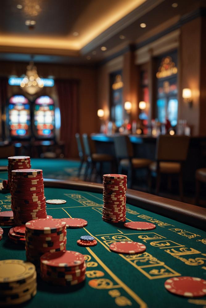 Heller Kartentisch mit Casino-Chips und Spielkarten