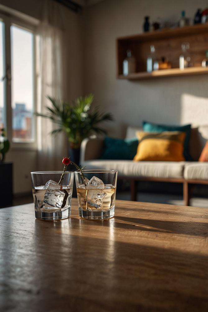 Helles Wohnzimmer mit Eis und gekuehlten Cocktails