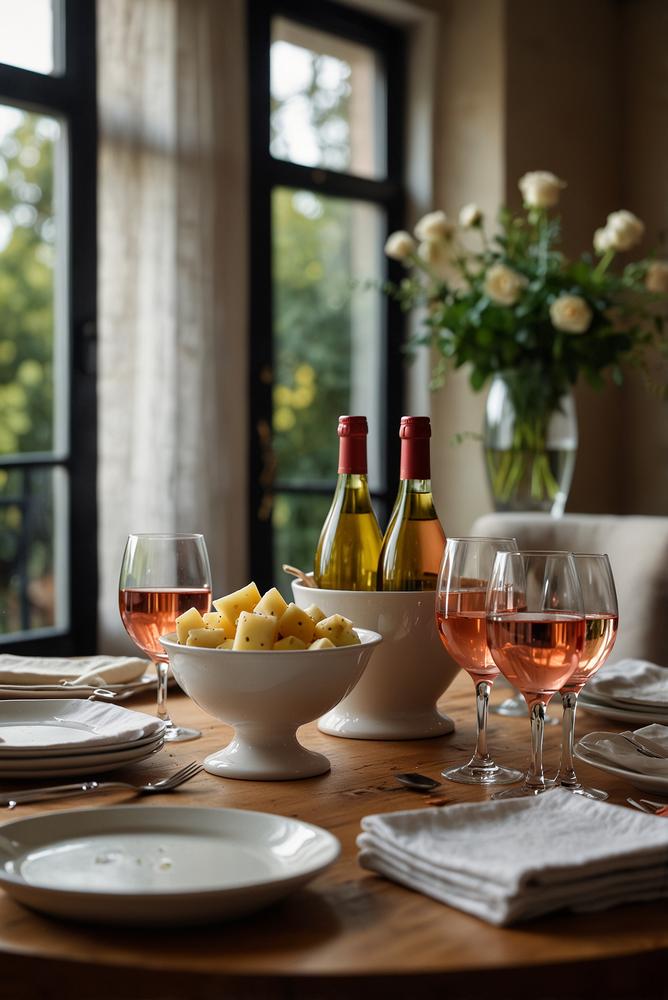 A bright and cozy dining room set up for a fondue evening with cheese fondue pot and glasses of white, rosé, and light red wines, bathed in natural sunlight.