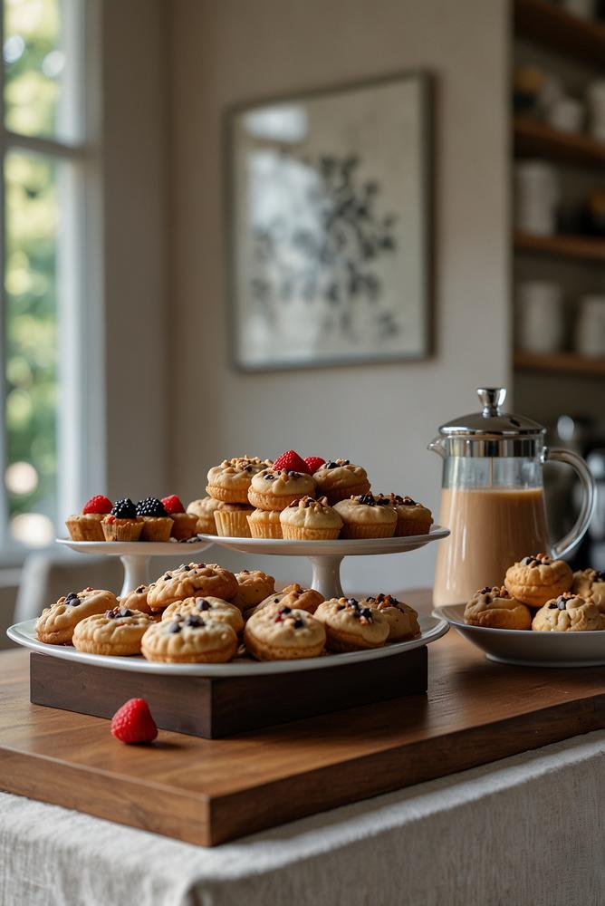 Helle Dessert- und Kaffeestation mit Kuchen und Kaffeezubehör