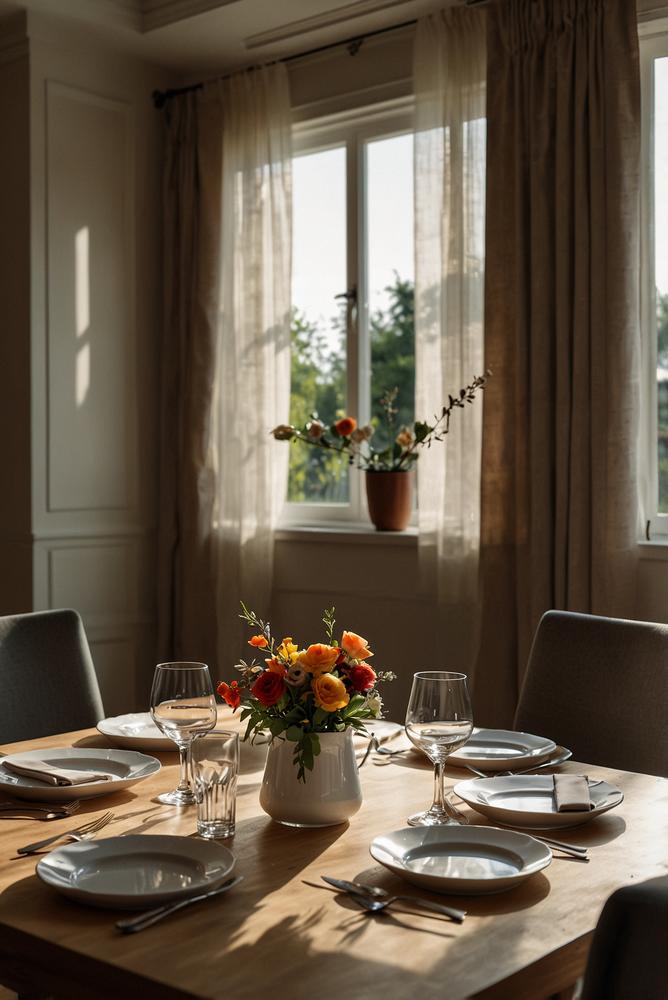 Hell und modern eingerichteter Tisch für Dinnerparty