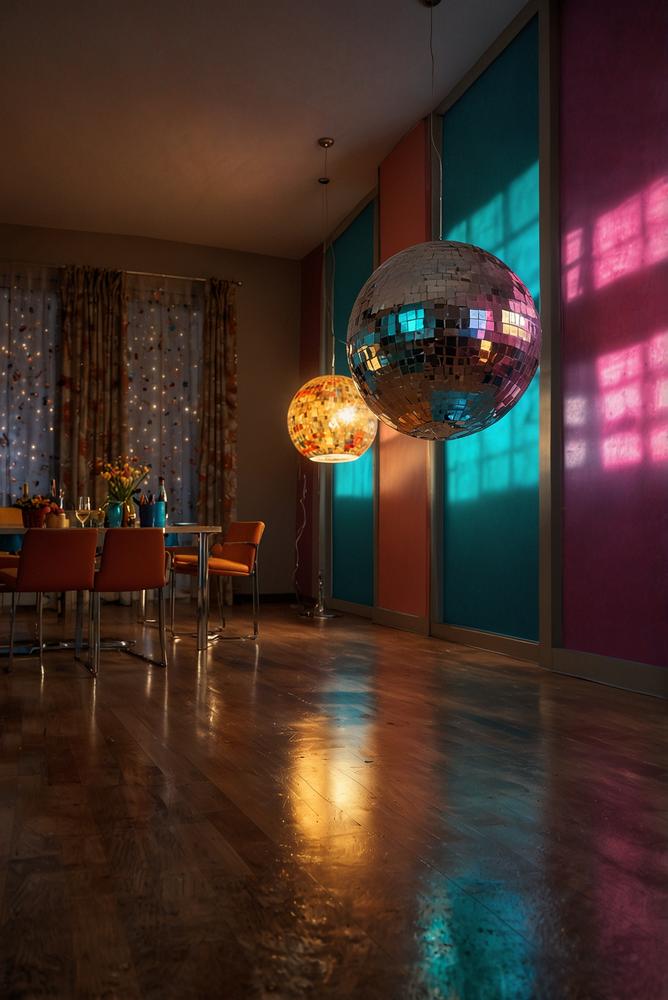 Helle Disco 70er Party mit Spiegelkugel und Neonlichtern