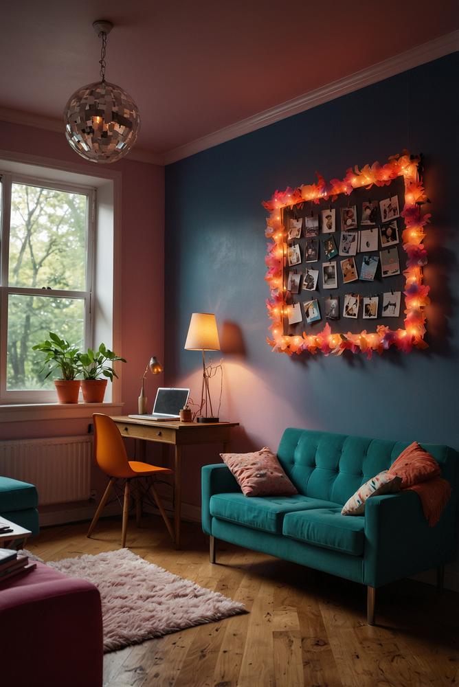 Bunte Disketten-Girlande an 80er-Partyraumwand