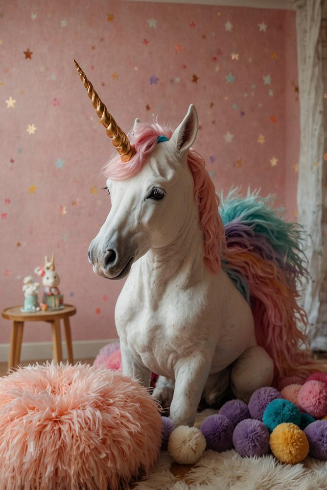 Helle Einhorn-Fotoshooting-Ecke mit bunten Accessoires