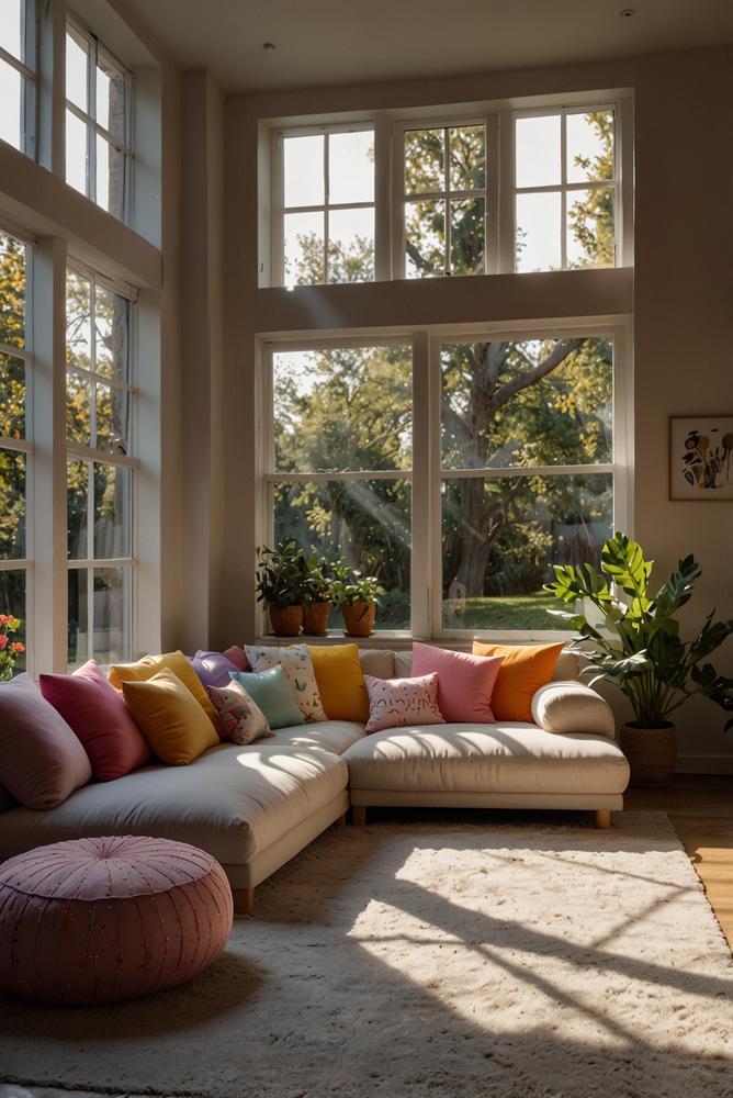 Helle Einhorn-Yoga- und Fantasiereise-Ecke im Wohnzimmer