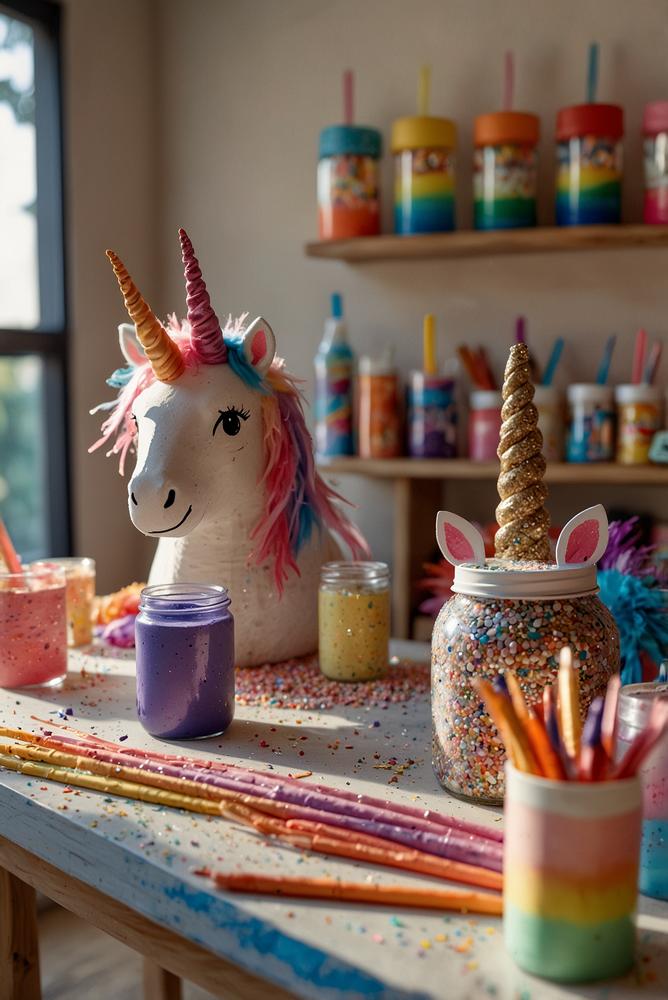 helle bastelstation mit einhornhoernern und glitzerlicht