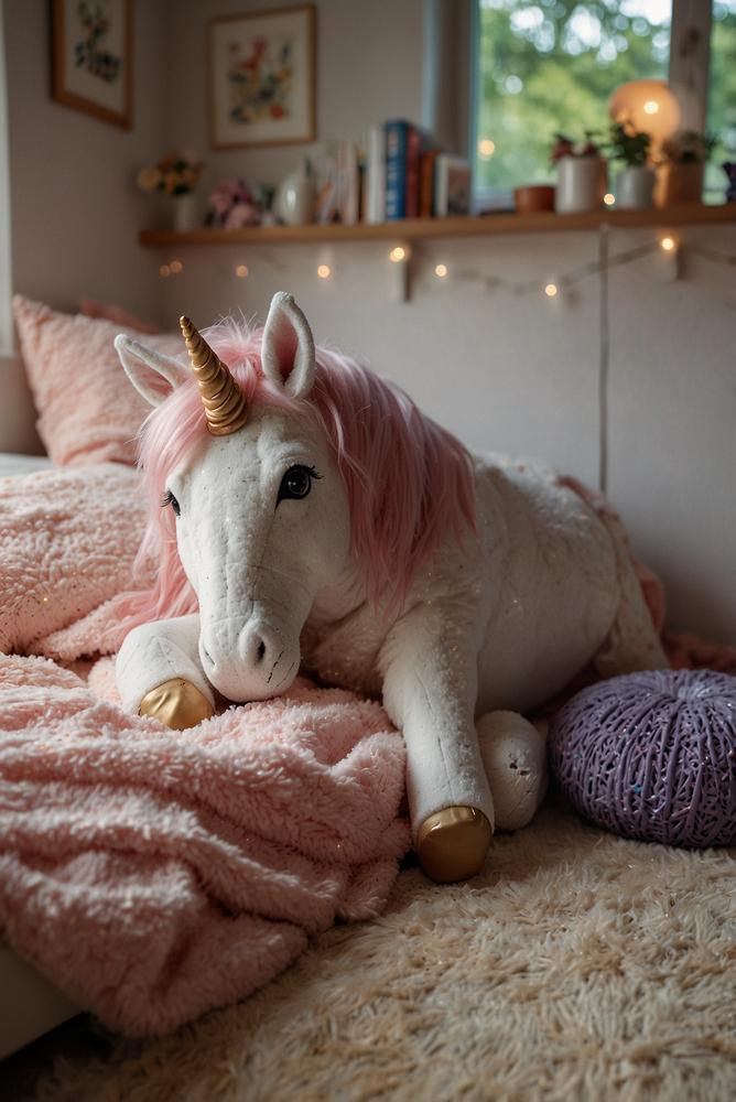Helle, bunte Einhorn-Kuschelecke mit Kissen und Plüschtieren