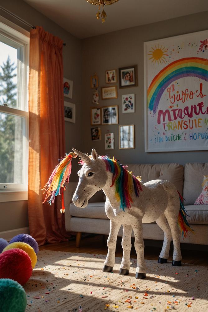 Kinder feiern Einhorn-Schatzsuche im hellen Wohnzimmer