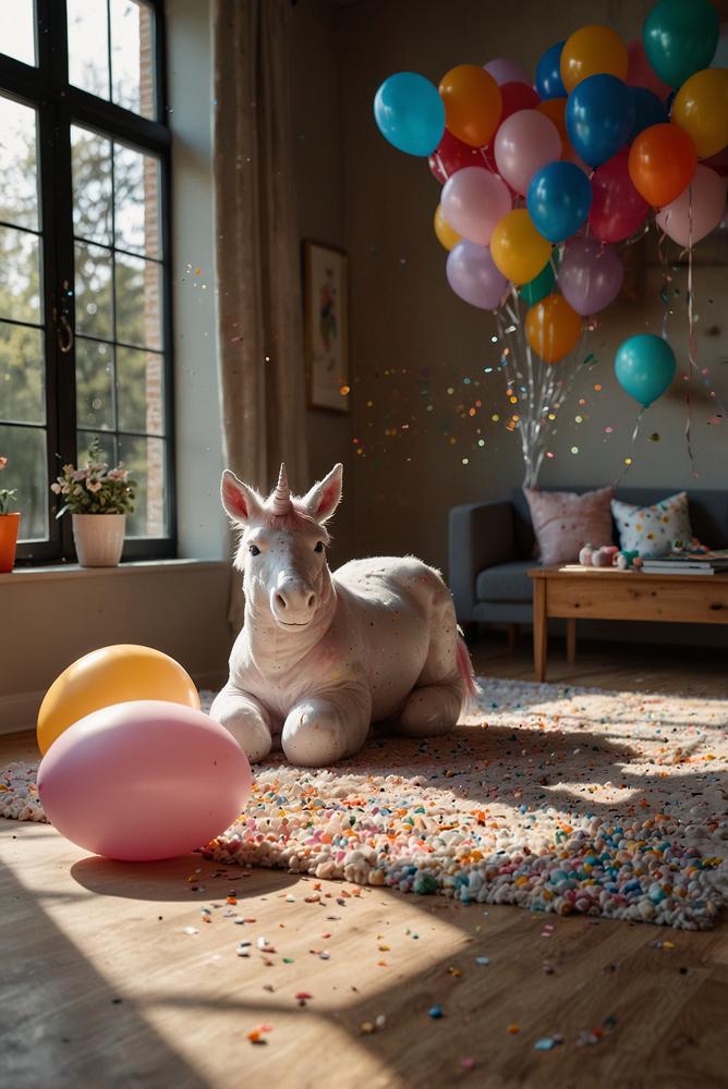 Einhorn-Tanzparty mit Lichterkette und Konfetti im Wohnzimmer
