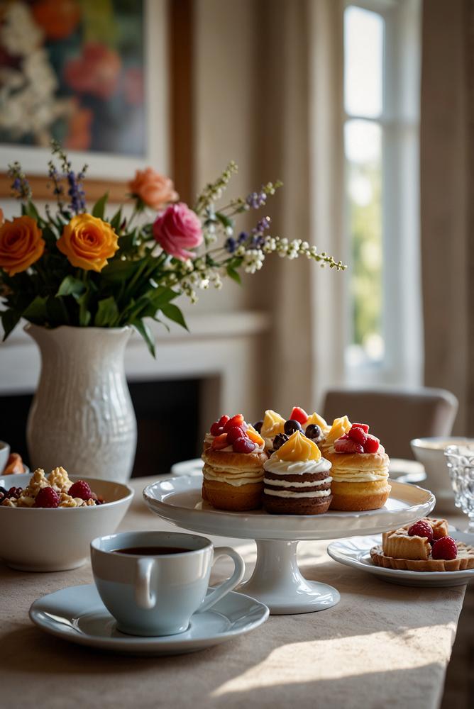 Hell und einladend gedeckter Tisch mit Kaffee und Kuchen