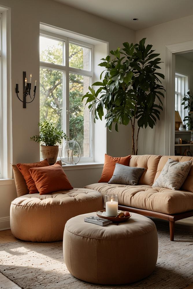 Gemütliche offene Sitzinsel mit Sofas und Pflanzen