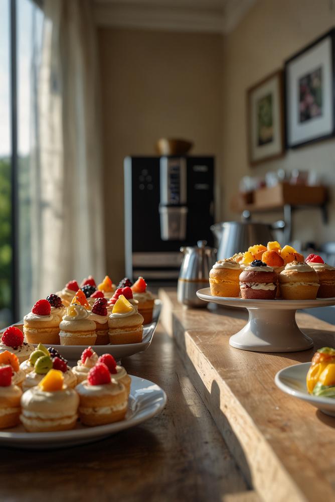 Helles Dessertbuffet mit Kaffeemaschine auf Einzugsparty