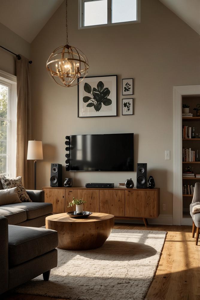 Helles Wohnzimmer mit Bluetooth-Lautsprechern und Musik-Setup