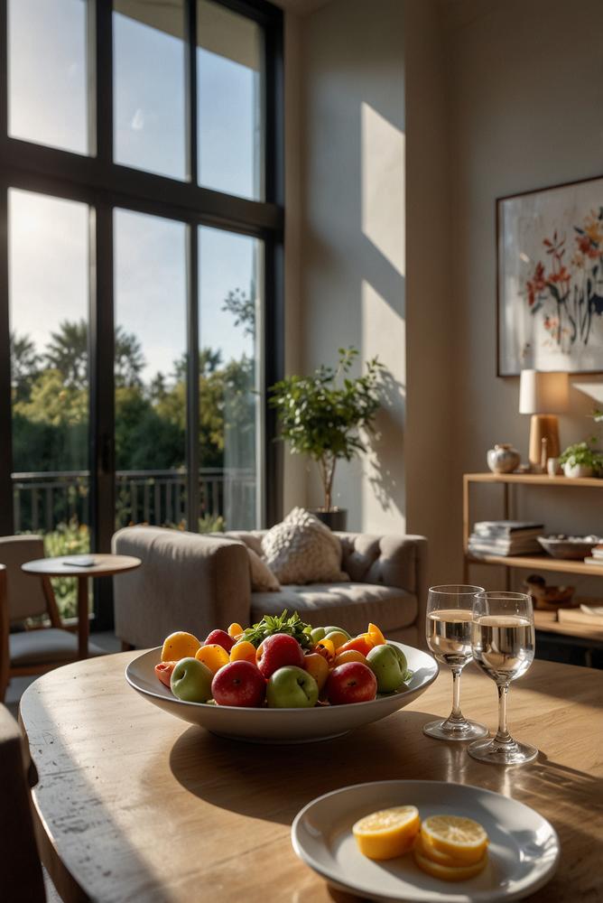 Helles Wohnzimmer mit Stehtischen und Fingerfood-Station