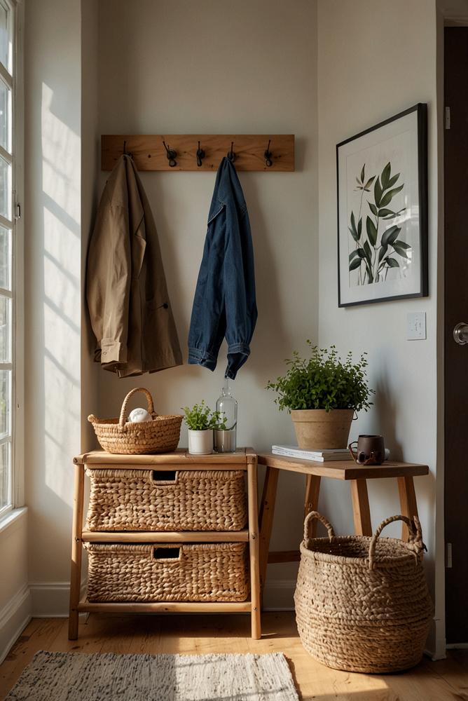 Heller Eingangsbereich mit Willkommenskorb und ordentlicher Garderobe