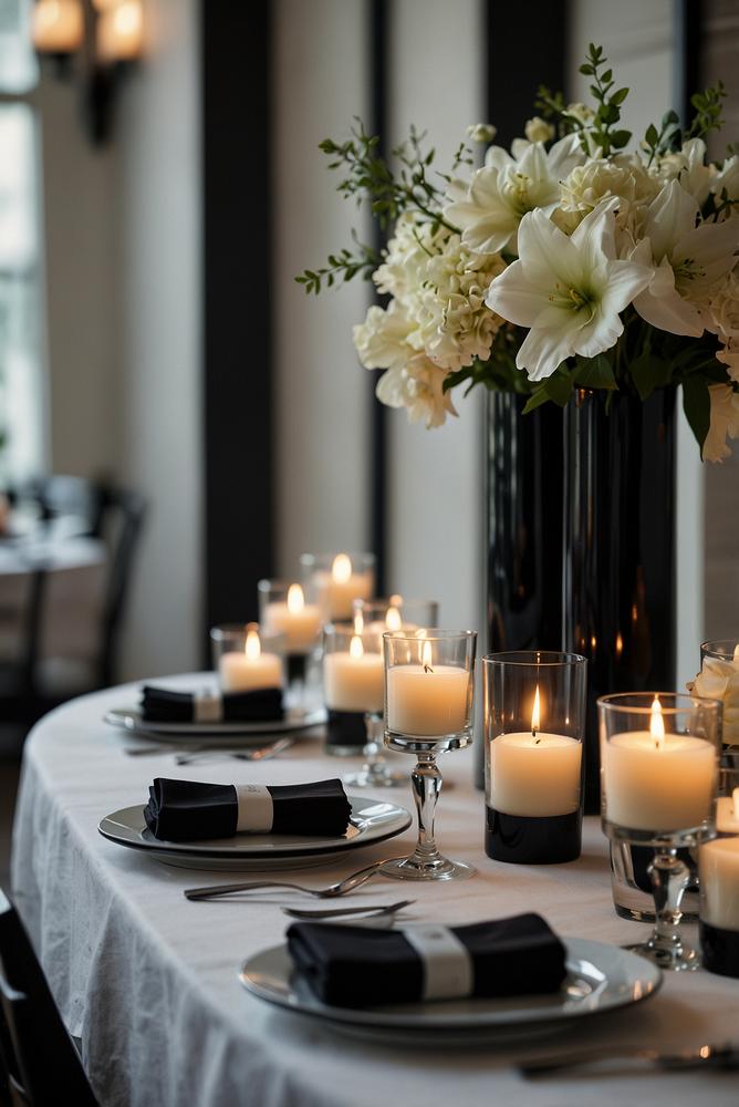 Elegante schwarz-weiß Buffet Station mit klaren Beschriftungen