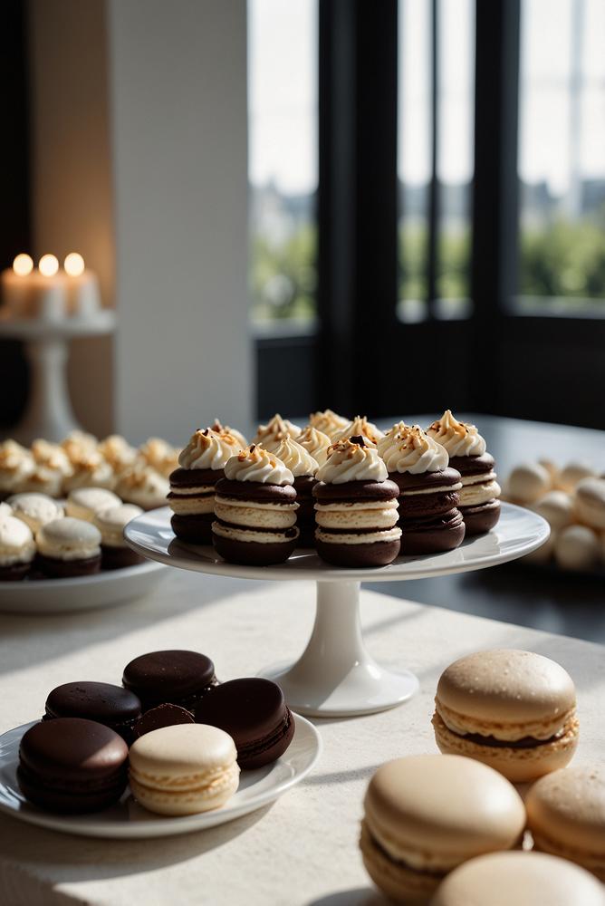 Helle Schwarz-Weiß-Dessertstation mit Mousse und Macarons