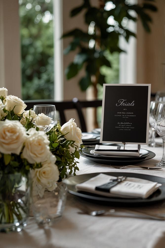 Elegante schwarz-weiß Menükarten und Platzkarten in schlichtem Design