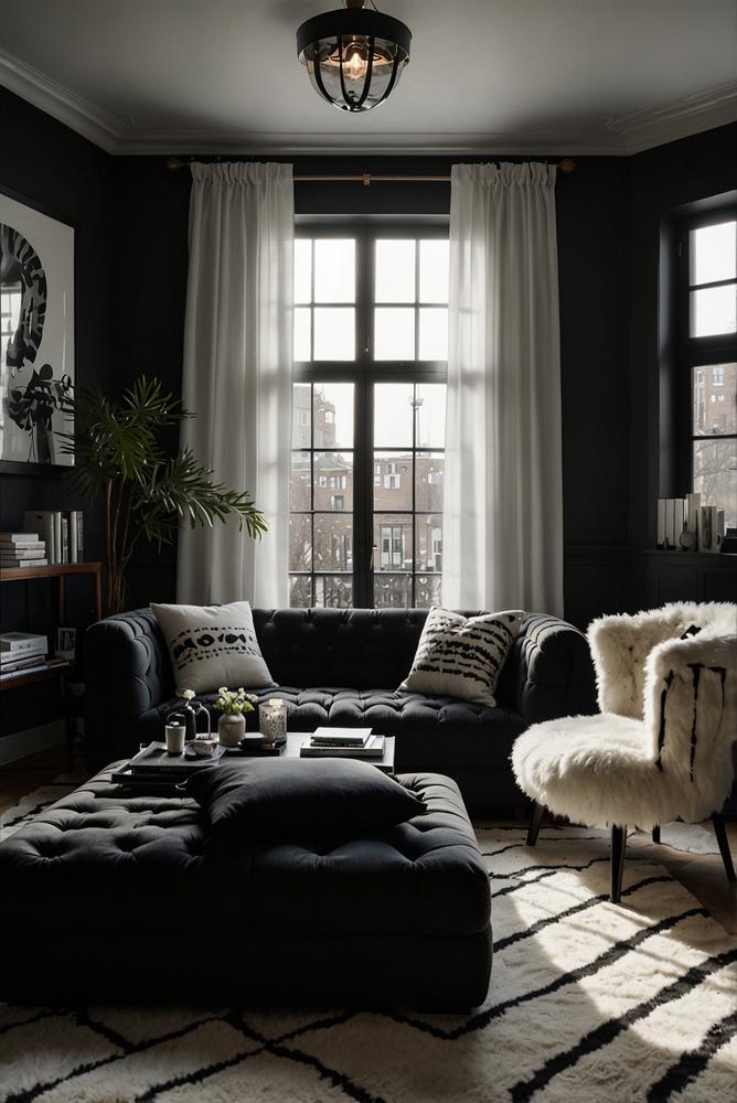 Helles Wohnzimmer mit schwarz-weißen Kissen und Decken hell beleuchtet