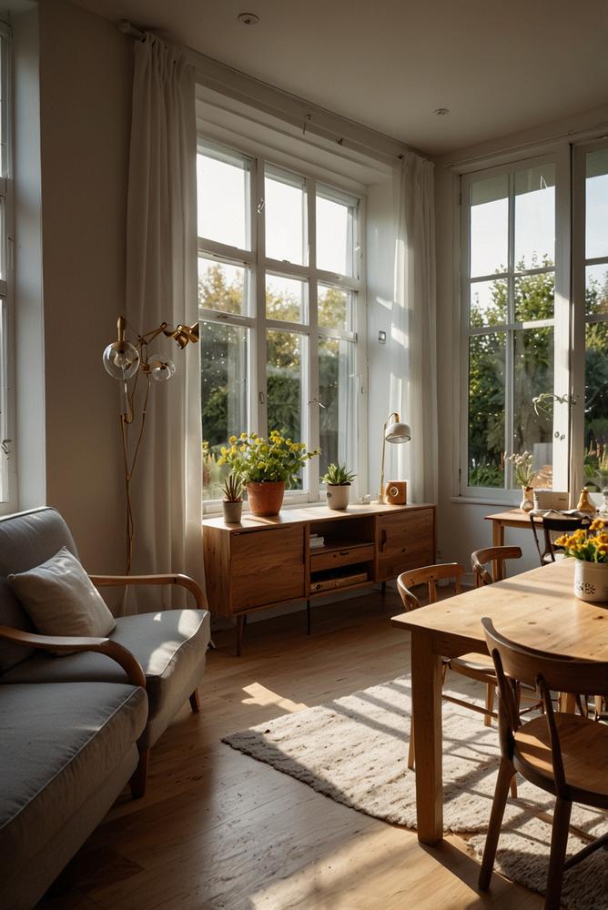 Helles gemütliches Wohnzimmer mit Musik für Brunch