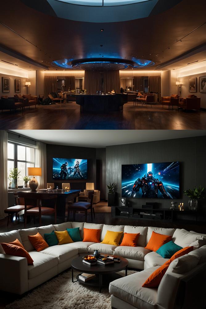 Hell gestaltetes Wohnzimmer für Themenabend mit TV und Deko