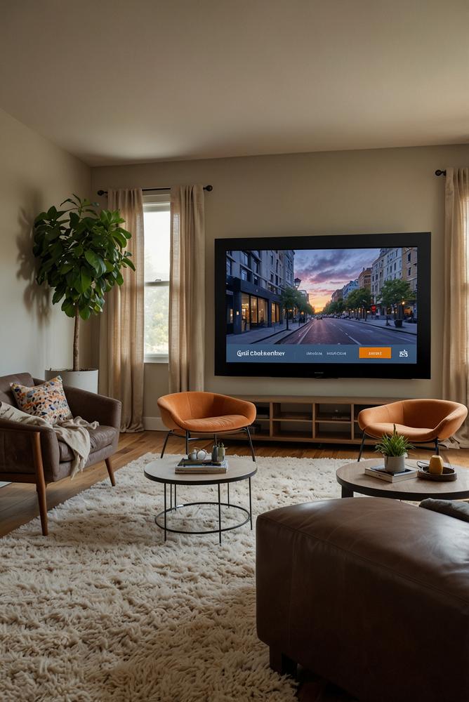 Hell und einladend eingerichtetes Wohnzimmer mit Filmquiz am Fernseher