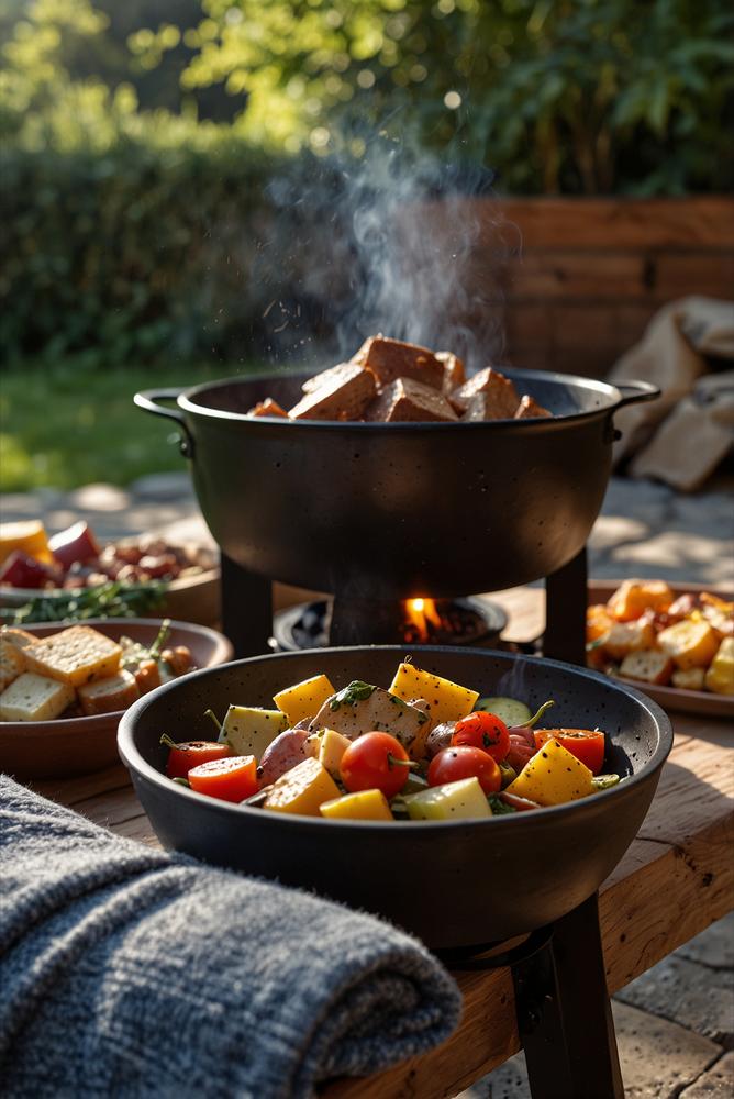 Fondue-Abend im Freien mit Feuerschale und gemütlicher Atmosphäre