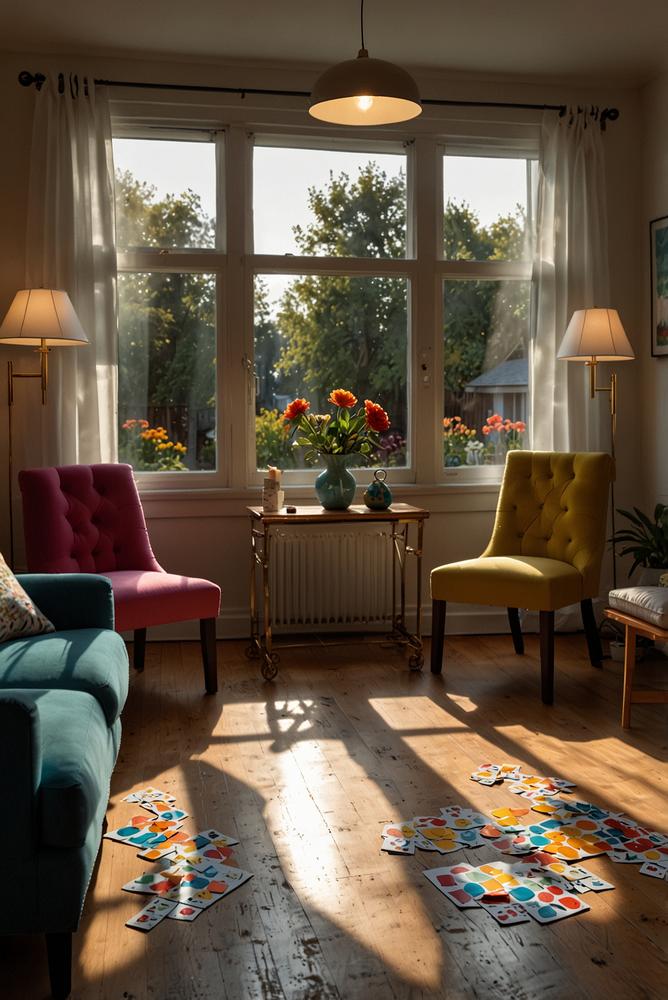 Lichtdurchflutetes Wohnzimmer mit Bingo-Spiel für Mädelsabend