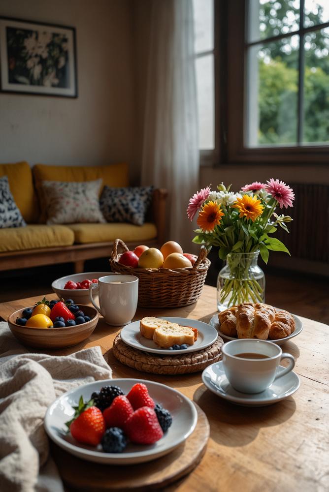 Gemütliches Picknick-Frühstück im hellen Wohnzimmer