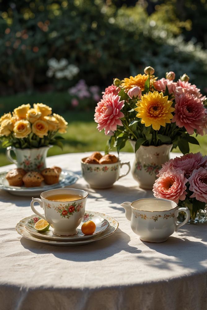 Helle Garden-Tea-Party mit feinem Porzellan und Fingerfood