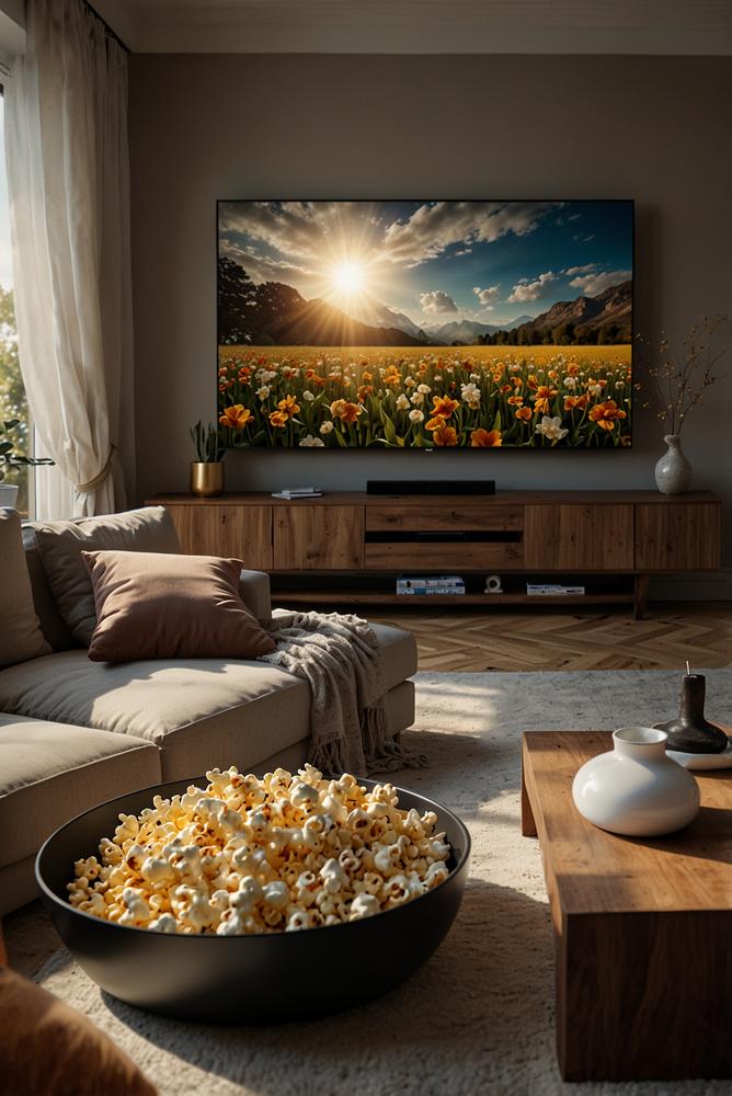 Gemütlicher Wohnraum mit Fernseher und Snacks für Filmabend