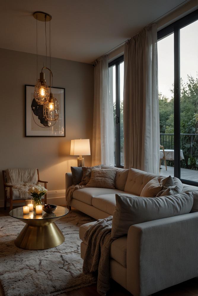 Helles Wohnzimmer mit Sofa und vielen Kissen