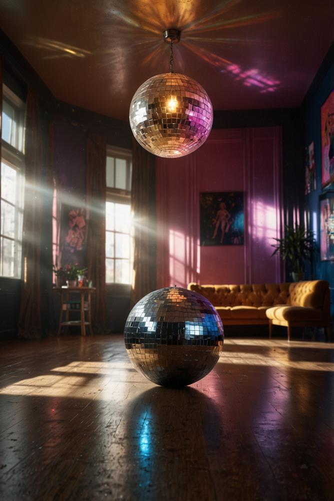 Glitzer-Discokugel über Tanzfläche auf 80er-Party