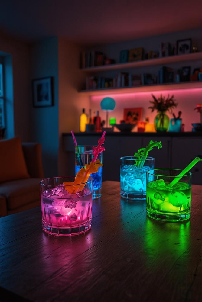 Helles Wohnzimmer mit Neonparty Deko und UV-Licht